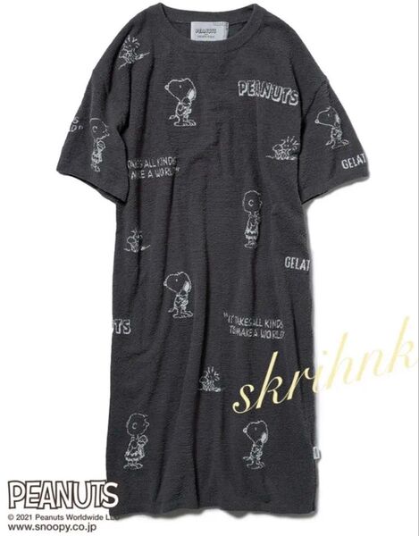 ☆ジェラートピケ☆スヌーピー☆コラボ☆モノグラムジャガードドレス☆ワンピース☆ダークグレー☆新品タグ付き☆ピーナッツ☆ルームウェア