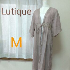 Lutique しまむら 半袖 レース 切り替え ガウン グレージュ Mサイズ ルティーク シアー ロング カーディガン 羽織り