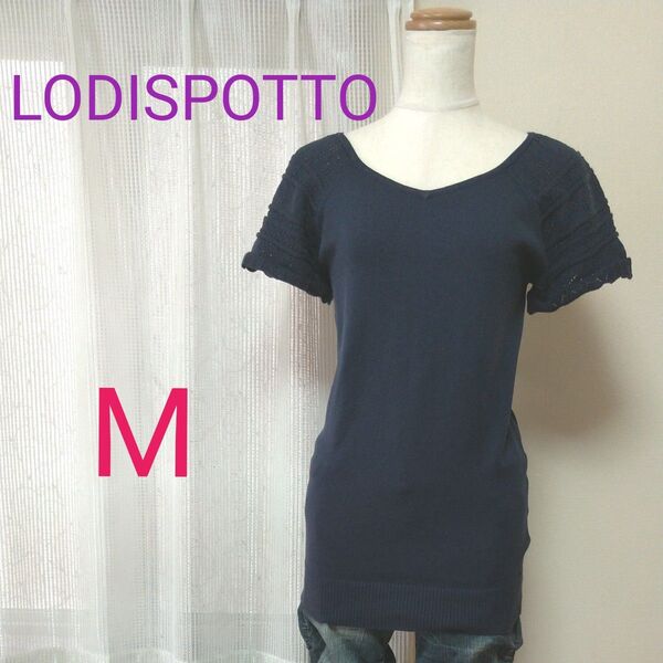 LODISPOTTO 袖レース ニット トップス ネイビー Mサイズ ロディスポット 半袖 春夏 チュニック丈 サマーニット