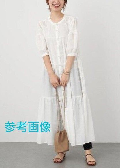 訳あり 未使用 earth music&ecology ティアード ワンピース オフホワイト フリーサイズ 半袖 ロング マキシ