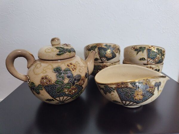 年代物 古清水 清水焼 湯呑 湯冷まし 急須茶器3点セット 陶器製 焼物