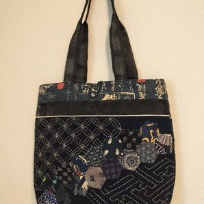 未使用★古布 藍染 ポーチ付き 細い細工 藍染バック