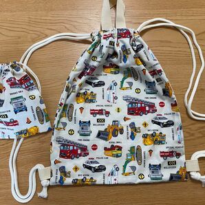 ハンドメイド 巾着袋 2個セット 乗り物柄 働くクルマ