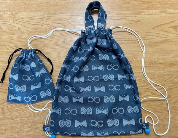 ハンドメイド 巾着袋 2個セット ネイビー 蝶