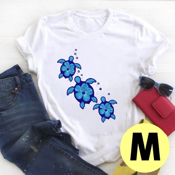 【アロハ】1582 亀 ホヌ ロゴ Tシャツ M ハワイアン フラダンス 水着 おしゃれ Tシャツ カットソー 半袖 ホワイ