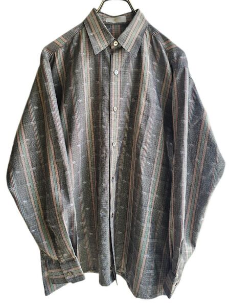 昭和レトロ ストライプ メンズシャツ 乗馬柄 80's 90's ヴィンテージ 古着 クラシック 長袖シャツ M