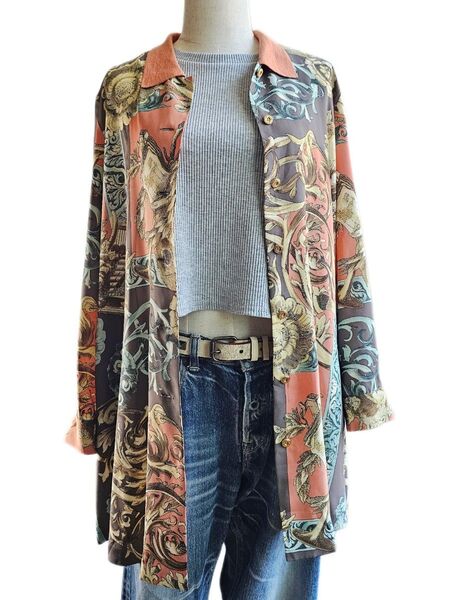 昭和レトロ 80's オーバーサイズ ロングシャツ スカーフ柄 バロック エルミダ 古着