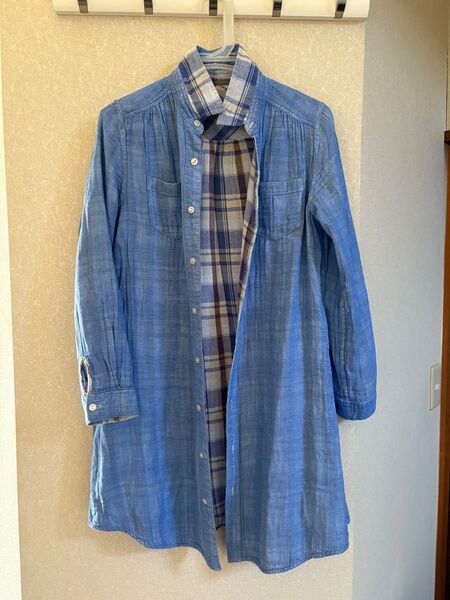 ロングシャツ リバーシブルチェック柄 、ブルーレディース