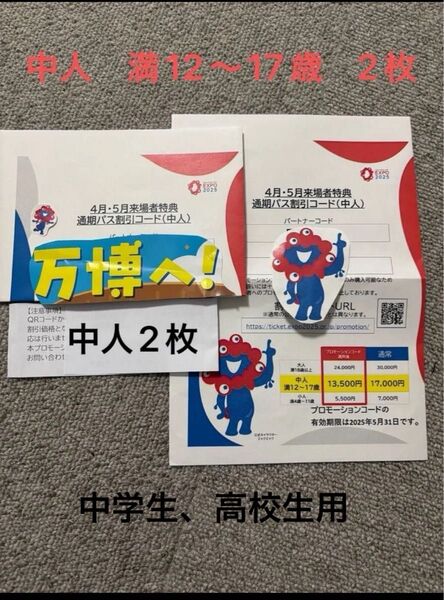 五月末まで!大阪万博 通期パス割引コード 中人二枚 万博