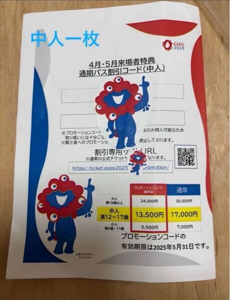 大阪万博 通期パス割引コード 中人1枚