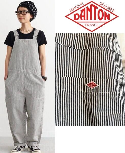 DANTON コットンリネン ストライプ サロペット 36 ネイビー オーバーオール オールインワン ダントン 綿麻 ワンピース