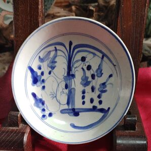 時代物 小皿(14.7×高3) 中国古玩 南京 青華 明~清朝時代 ニュウ欠け無し完品 骨董品