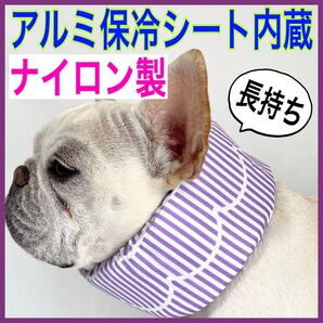 ④ナイロン製 アルミ保冷シート内蔵 クールネック ネッククーラー クールスヌード 犬 ストライプ柄 パープル