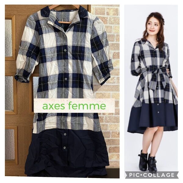 【axes femme】バイカラー開襟シャツOP ネイビー チェック柄 ワンピース