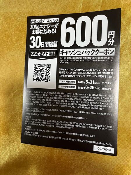 サントリー HYPER ZONe ENERGYエナジードリンク キャッシュバッククーポン(600円分) 未使用