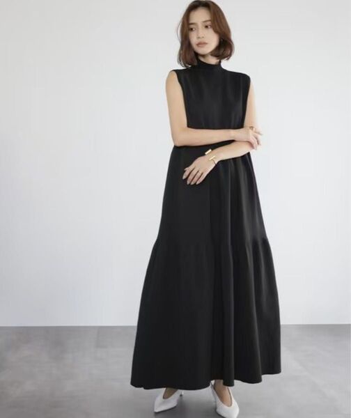 ワンピース ロング マキシ丈 ティアード ブラック ポケット ワンピース きれいめ 大きいサイズ ニット ノースリーブ 着痩せ
