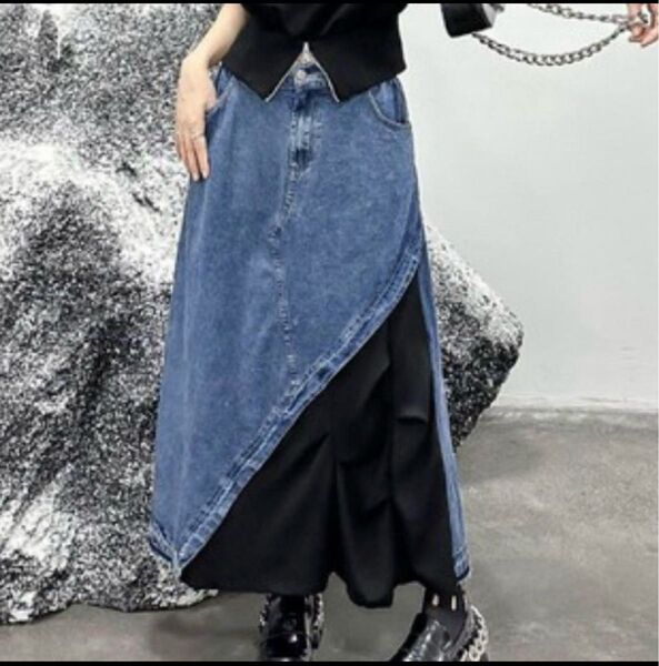 デニム スカート ロング 異素材 マキシ Aライン ゆったり 軽い デザイン
