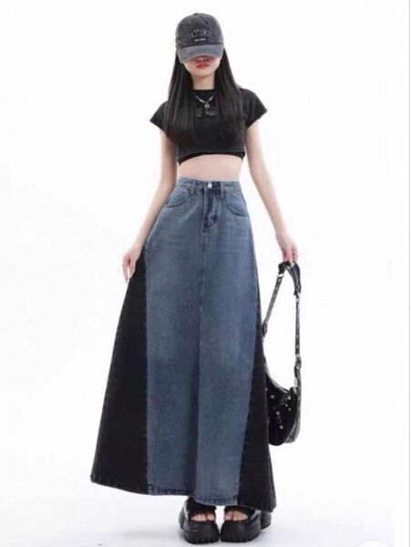 デニムスカート バイカラー Aライン ロングスカート マキシ丈 黒 3XL
