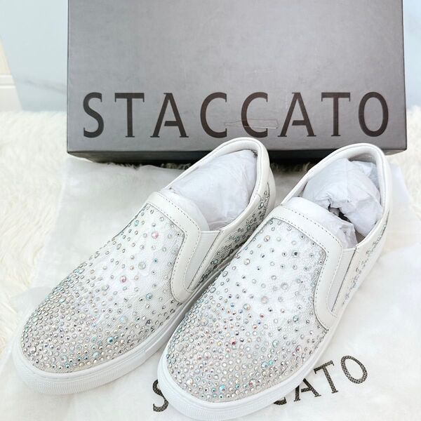 STACCATO スタッカート スニーカー スパンコール レース ホワイト 牛革 24.0㎝
