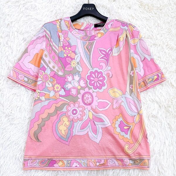 LEONARD レオナール カットソー Tシャツ 半袖 花柄 トリム コットン 洗える バックジップ スリット マルチカラー M