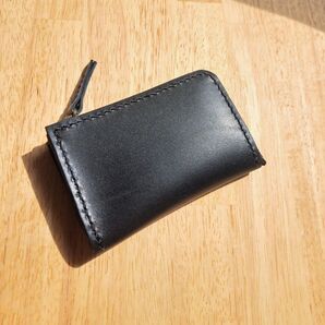本革 L字型ウォレット コンパクト財布 ブラック 手縫い ハンドメイド ユニセックス
