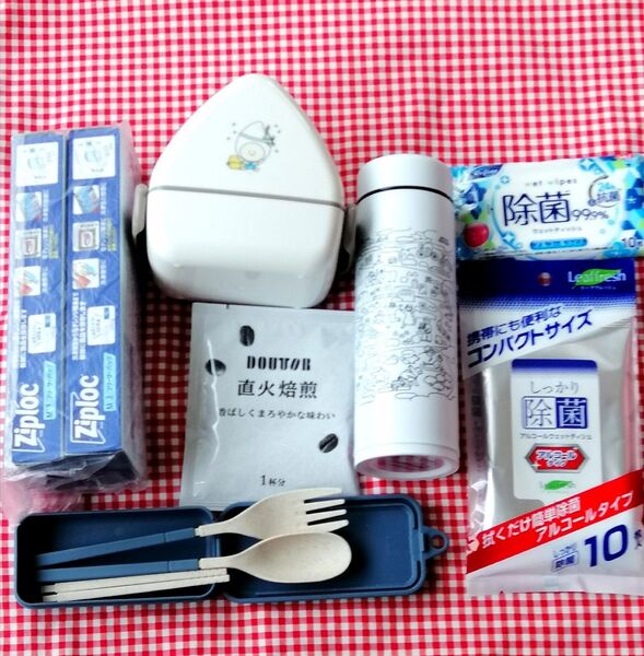 【 新品 未使用 】 おにぎりランチケース スリム真空ボトル カトラリー ウェットティッシュ ジップロック