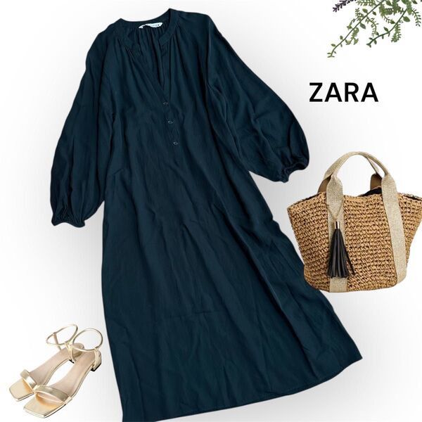 ZARA ザラ スキッパーワンピース ロングワンピース シャツワンピース 黒 M