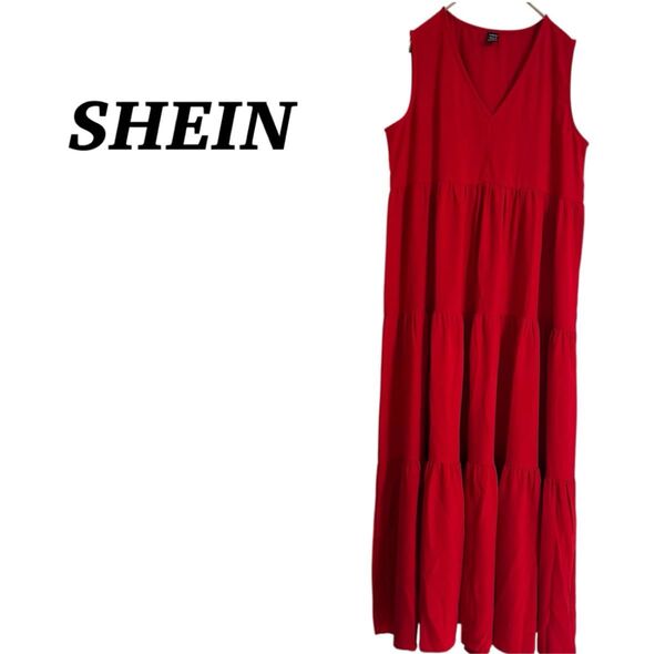 【SHEIN】ロングワンピース ノースリーブ ティアード 赤 ロング丈 ノースリーブワンピース マキシ丈