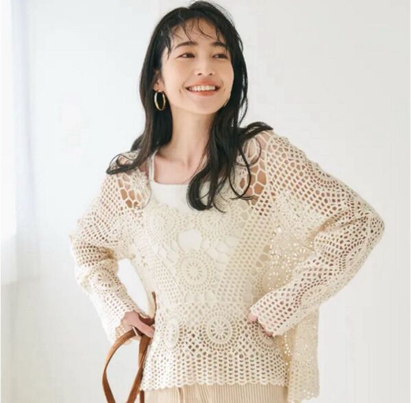 【美品】coca コカ クロシェトップス Vネック かぎ編み 綿100% アイボリー フリーサイズ