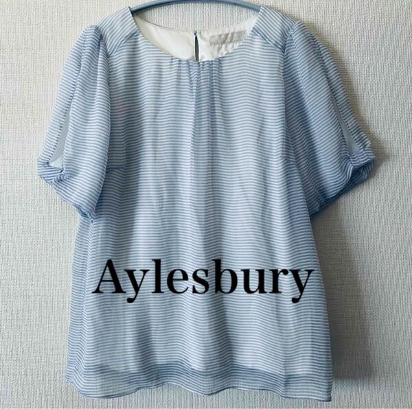 【美品】Aylesbury アリスバーリー ボーダー シアブラウス 半袖ブラウス トップス プルオーバー ノーカラーブラウス 9号