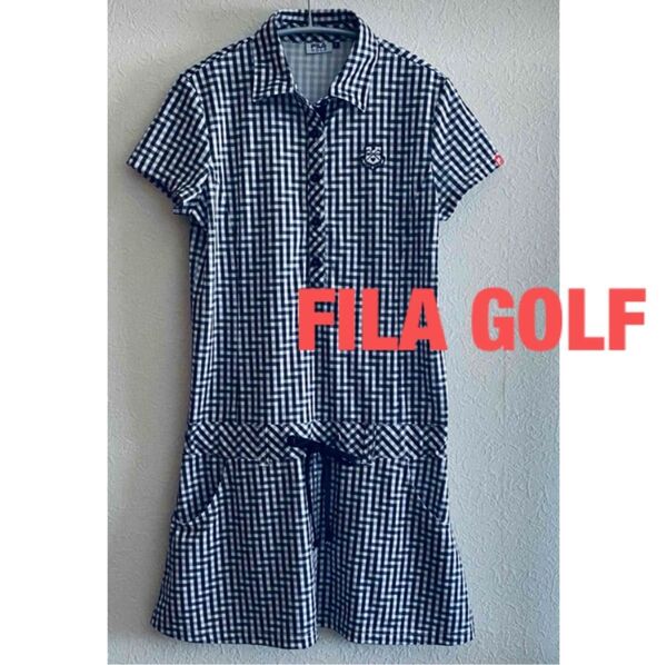 【超美品】FILA GOLF フィラゴルフ 半袖ポロワンピース 白×黒 ギンガムチェック 胸元ワッペン ゴルフウェア Lサイズ