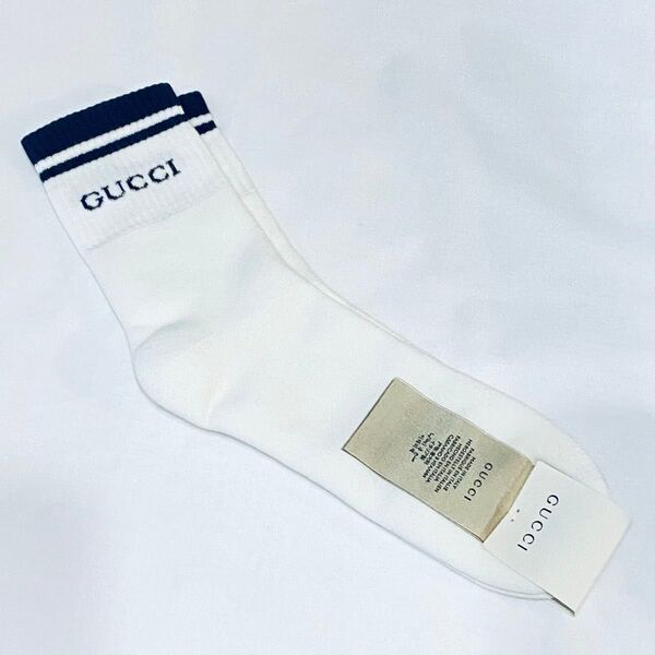 【未使用タグ付き】GUCCI グッチ メンズソックス ホワイト ロゴ ライン リブ メンズ靴下 白ソックス ブランドソックス