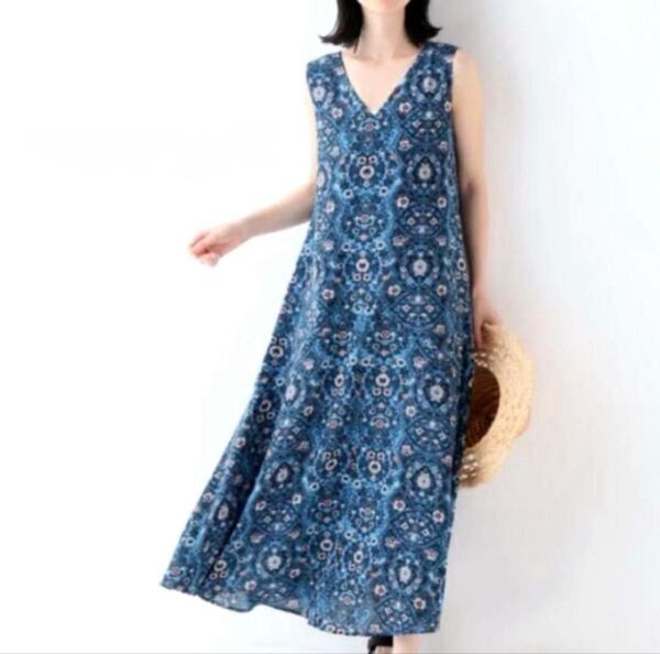 SLOBE IENAフラワープリント ノースリーブワンピース ブルー 花柄 ロング ワンピース