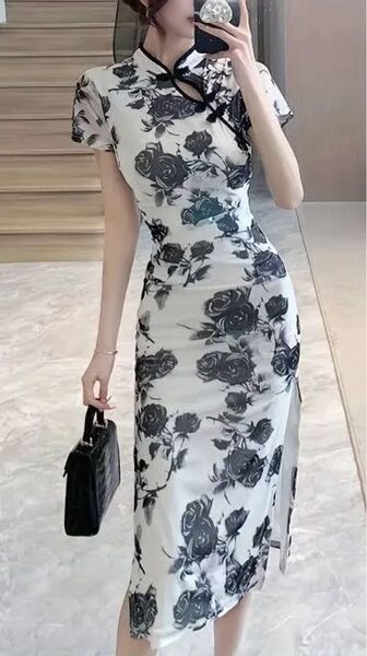 花柄キパオドレスースリムフィット*チャイナドレス