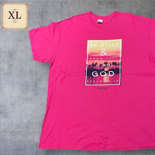 【US古着】ピンク XL Tシャツ 半袖 レギュラー プリント メンズ レディース 大きいサイズ オーバーサイズGILDAN