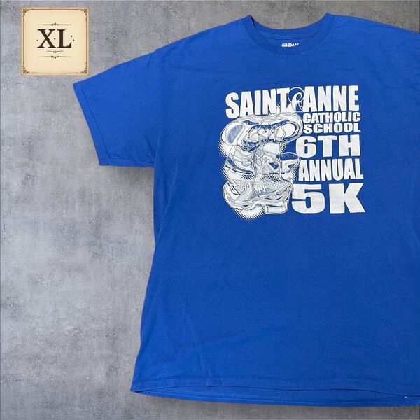 【US古着】ブルー XL Tシャツ 半袖 レギュラー プリント メンズ レディース 大きいサイズ オーバーサイズGILDAN