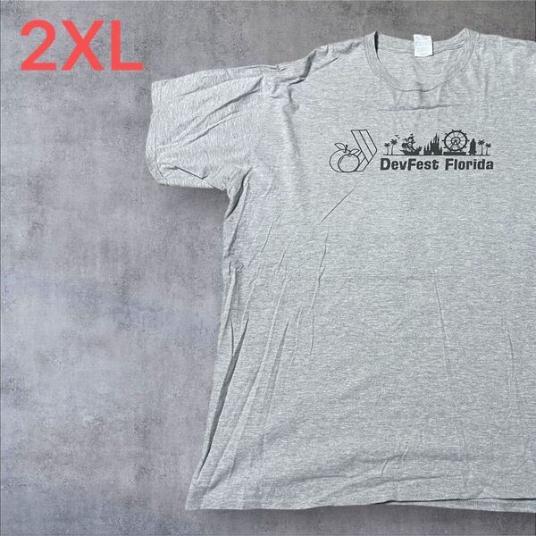 【US古着】グレー 2XL Tシャツ 半袖 レギュラー プリント メンズ レディース 大きいサイズ オーバーサイズ