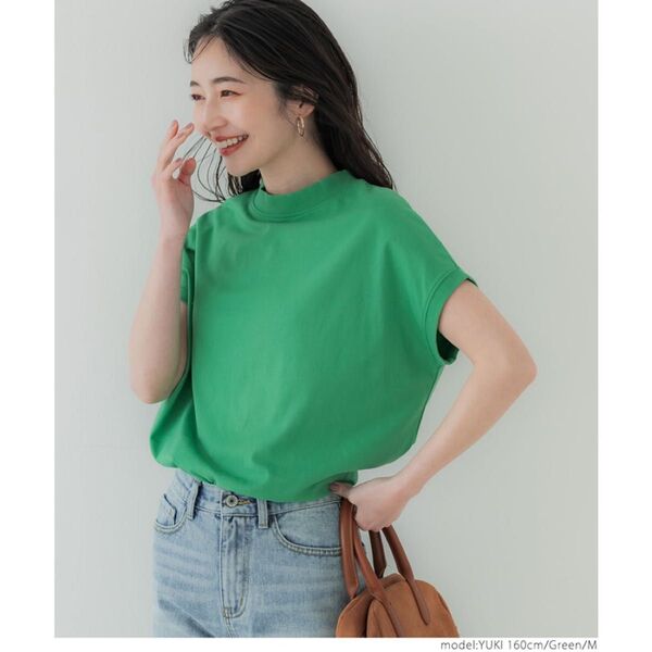 【coca/コカ】モックネックTシャツカットソー M グリーン 半袖トップス 緑 無地 ノースリーブ フレンチスリーブ