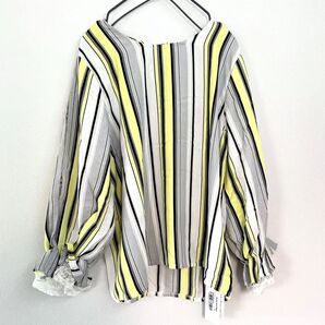 新品◆doula doula◆ストライプシャーリングブラウス レディース 春夏 シャツプルオーバー ギャザー 長袖 白 イエロー