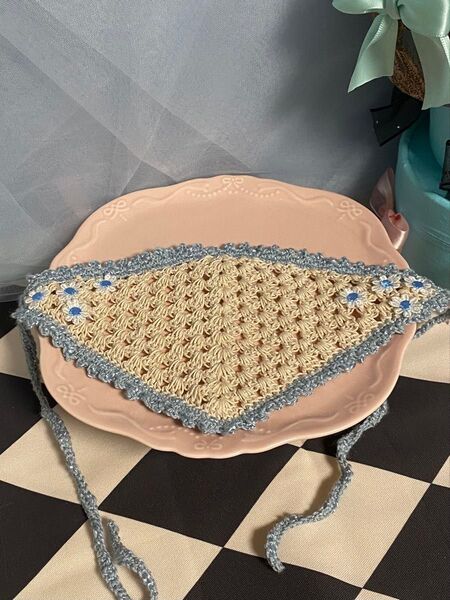 ハンドメイド ドール用バブーシュカ ライトブルー×お花