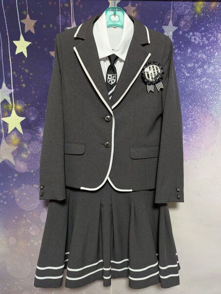 人気 女の子 卒服 卒業スーツ デコラピンキーズ セットアップ 灰×白 165B 5点セット ブレザー フレアスカート 入学式