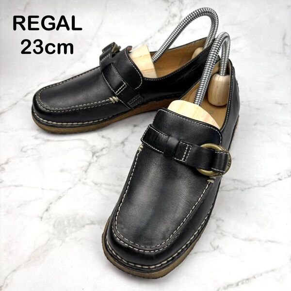【美品】REGAL リーガル 23cm ベルト ローファー フラット ブラック 黒 革靴