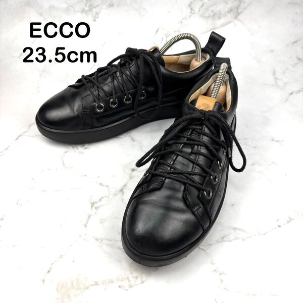 【人気】ECCO エコー ブラック レザー スニーカー 23.5 コルク 黒 シューズ