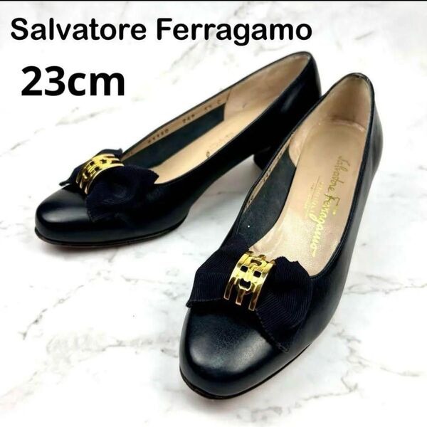 Salvatore Ferragamo 23cm 紺 ダブルガンチーニ リボン 本革 ヴァラリボン サルヴァトーレフェラガモ