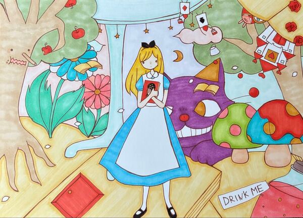 【1450】【不思議の国のアリスの絵】手描きアナログ創作自作コピックイラスト原画