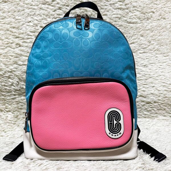 美品 COACH コーチ リュック シグネチャー Cロゴパッチ カラーブロック ナイロン レザー ブルー ピンク バックパック
