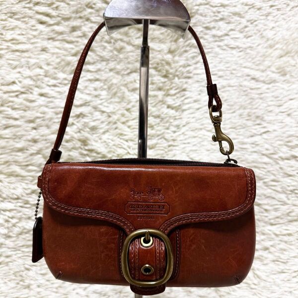希少 COACH オールドコーチ アクセサリーポーチ ロゴ型押し オールレザー ブラウン ソーホー リストレット ハンドバッグ