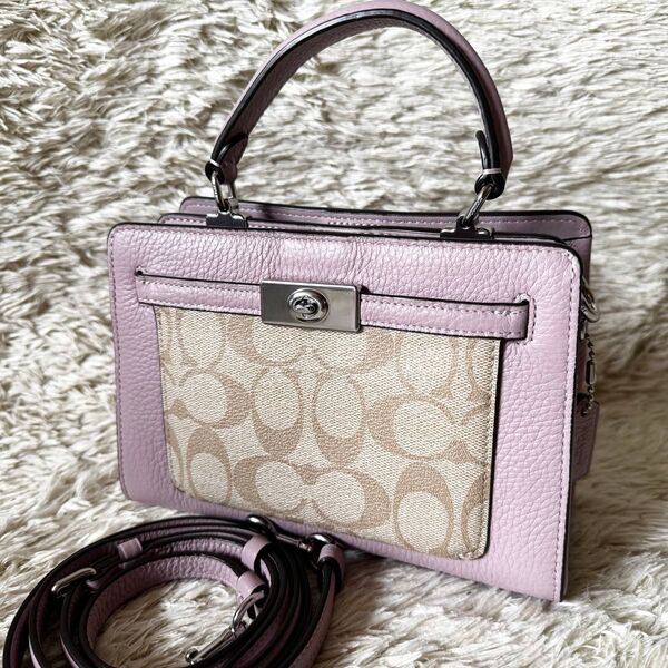 美品 COACH コーチ ハンドバッグ 2way ミニレーン カラーブロック シグネチャー ショルダーバッグ 斜め掛け レザー