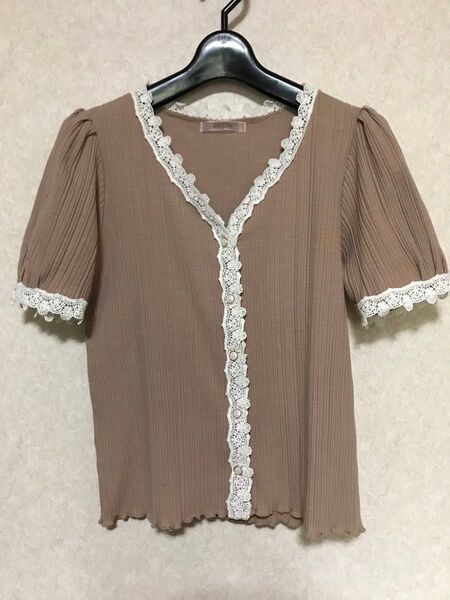 NICE CLAUP レディース トップス レース パール ブラウン リブ シャツ ナイスクラップ フリーサイズ