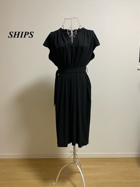 【美品】SHIPS ワンピース ひざ丈 ノースリーブ ブラック ベルト